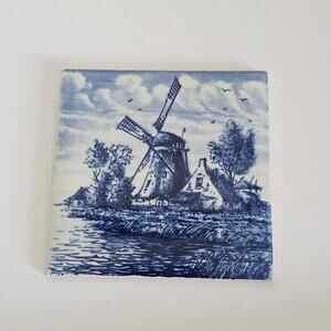 Delft Blue Windmill Ceramic Tile Wall Plaque Made in Holland 4x4